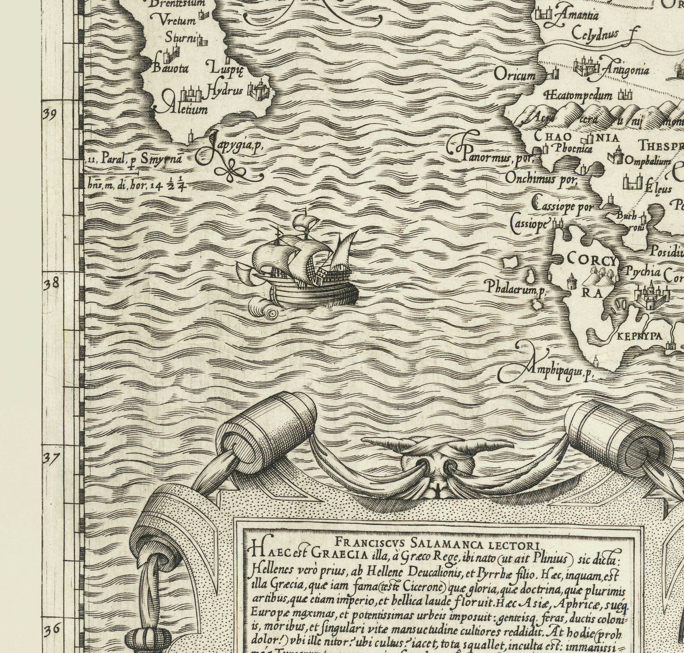 Old Map of Ancient Greece, 1558 by Salamanca - Macedonia, Balkans, Crete, Rhodes, Turkey, Corfu