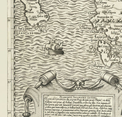 Old Map of Ancient Greece, 1558 by Salamanca - Macedonia, Balkans, Crete, Rhodes, Turkey, Corfu