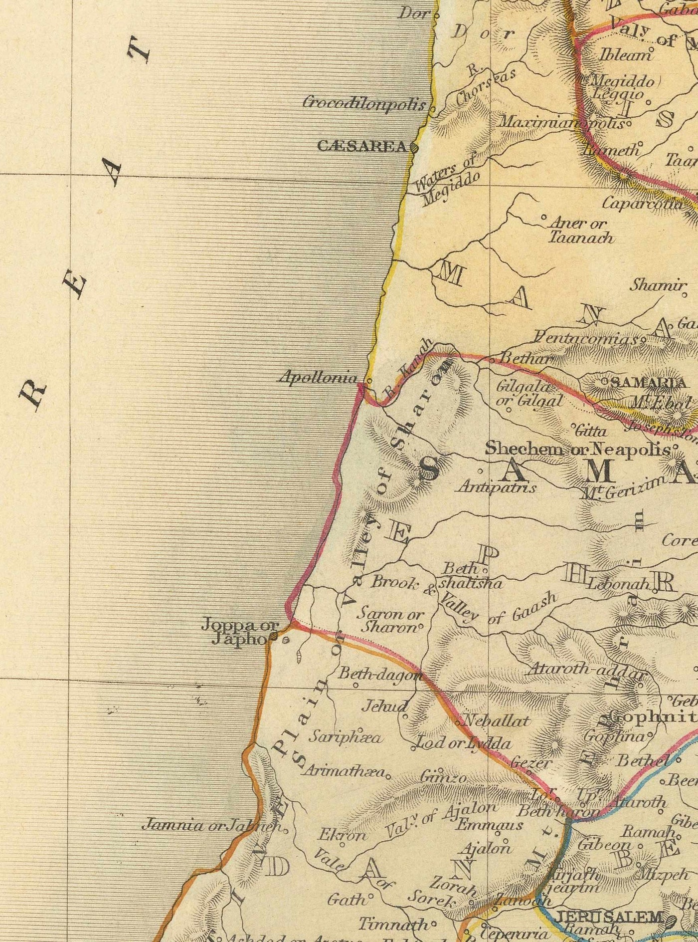 Mapa antiguo de la antigua Palestina en 1851 - Tierra Santa, Canaán, Jerusalén, Judea, Samaria, Galilea, Israel, Cisjordania, Gaza