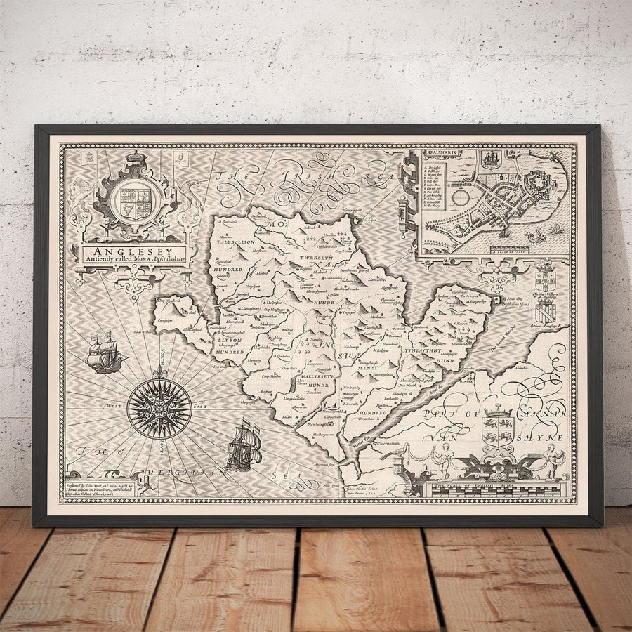 Old Monochrome Carte of Anglesey, Pays de Galles, 1611 par John Speed ​​- Holyhead, Llanfairpwllgwyngyll, Bangor