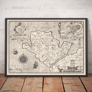 Antica mappa monocromatica di Anglesey, Galles, 1611 di John Speed - Holyhead, Llanfairpwllgwyngyll, Bangor 