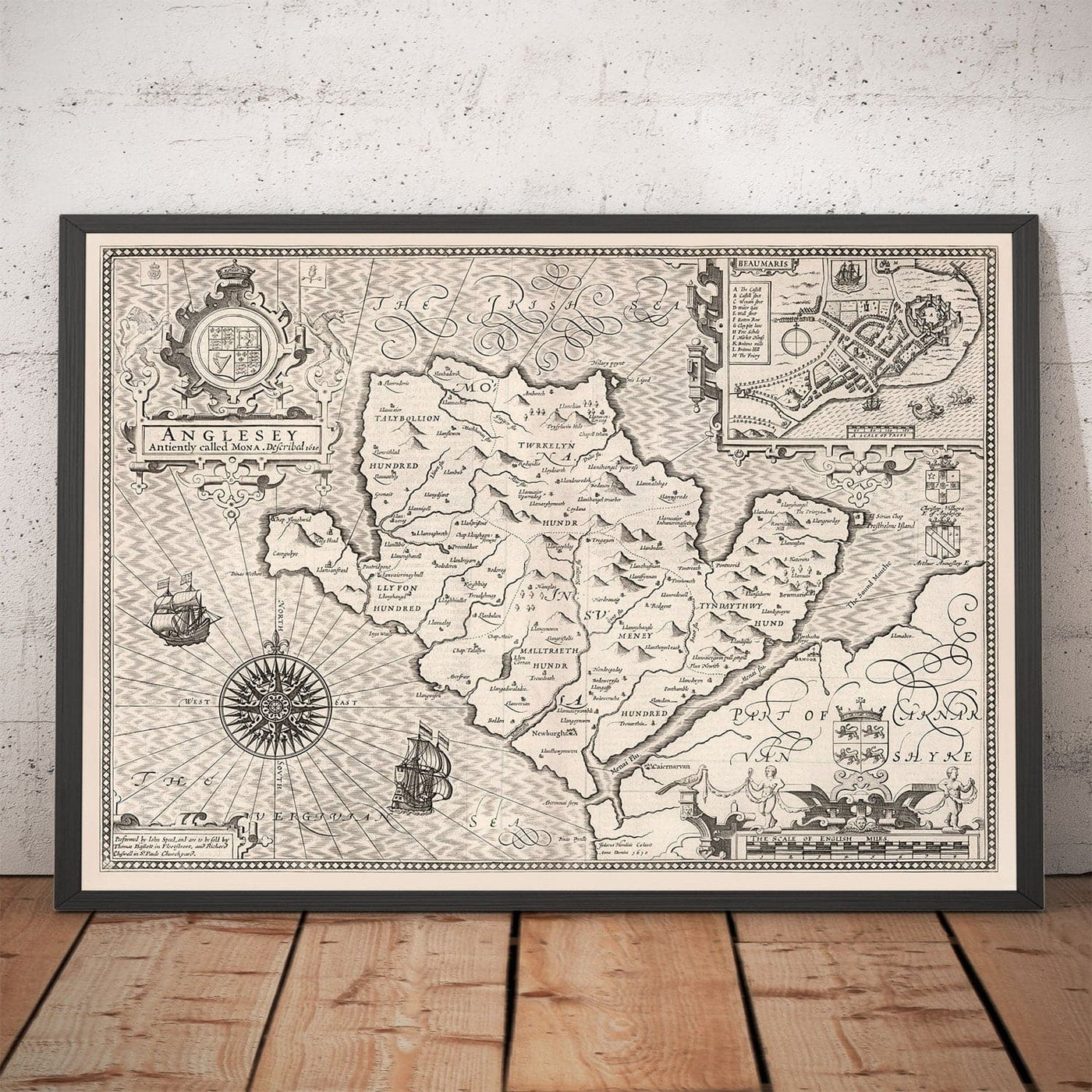 Old Monochrome Map of Anglesey, Wales, 1611 by John Speed - Holyhead, Llanfairpwllgwyngyll, Bangor