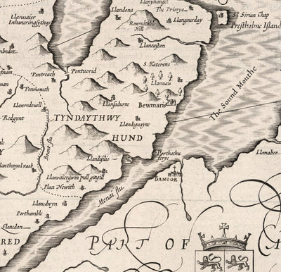 Old Monochrome Map of Anglesey, Wales, 1611 by John Speed - Holyhead, Llanfairpwllgwyngyll, Bangor