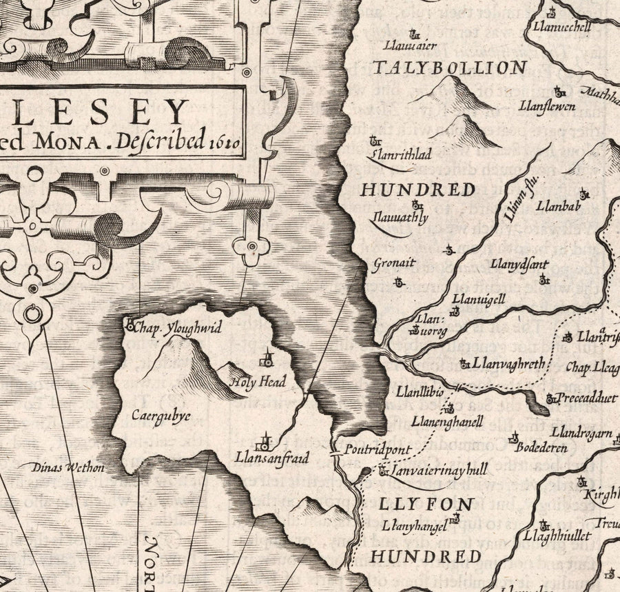 Old Monochrome Carte of Anglesey, Pays de Galles, 1611 par John Speed ​​- Holyhead, Llanfairpwllgwyngyll, Bangor