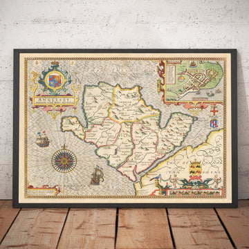 Mappa antica di Anglesey Galles, 1611 di John Speed - Holyhead, Llanfairpwllgwyngyll, Bangor 