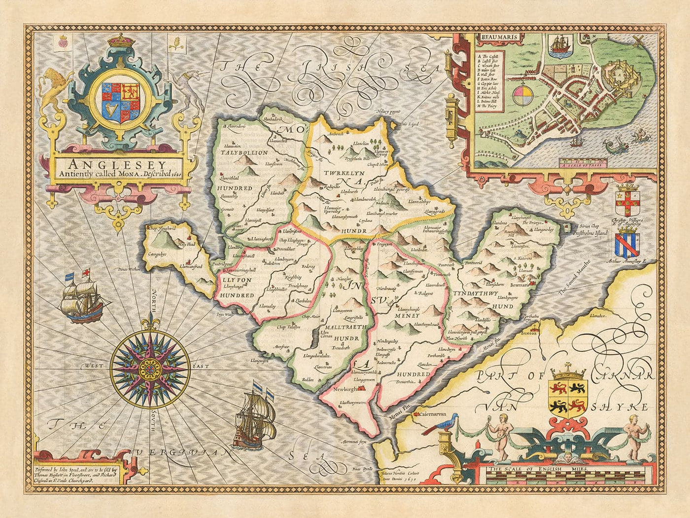 Alte Karte von Anglesey Wales, 1611 von John Speed - Holyhead, Llanfairpwllgwyngyll, Bangor 