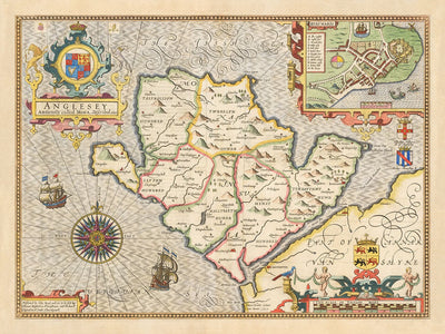 Alte Karte von Anglesey Wales, 1611 von John Speed - Holyhead, Llanfairpwllgwyngyll, Bangor 