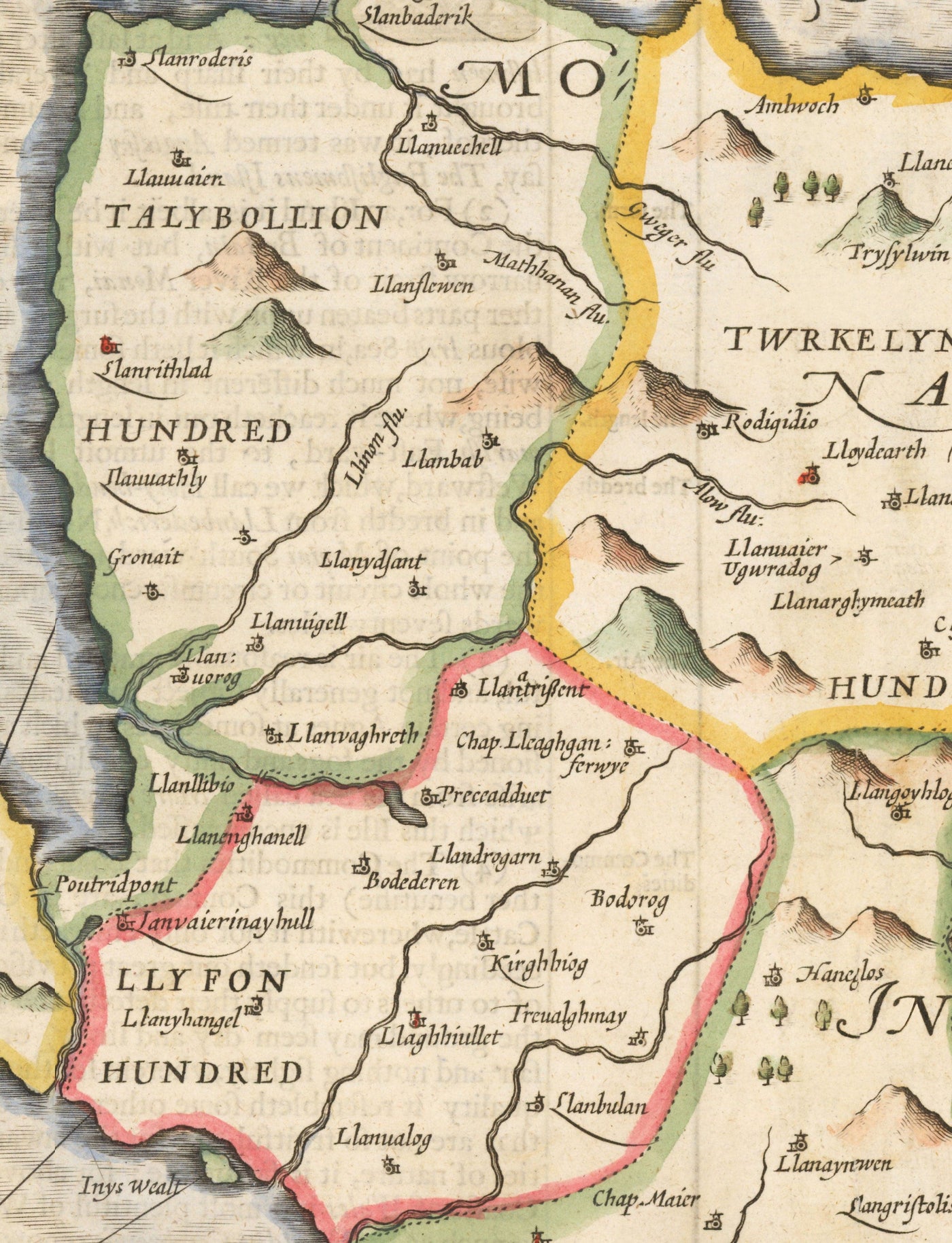 Alte Karte von Anglesey Wales, 1611 von John Speed - Holyhead, Llanfairpwllgwyngyll, Bangor 