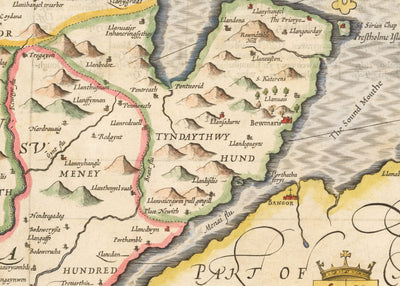 Alte Karte von Anglesey Wales, 1611 von John Speed - Holyhead, Llanfairpwllgwyngyll, Bangor 