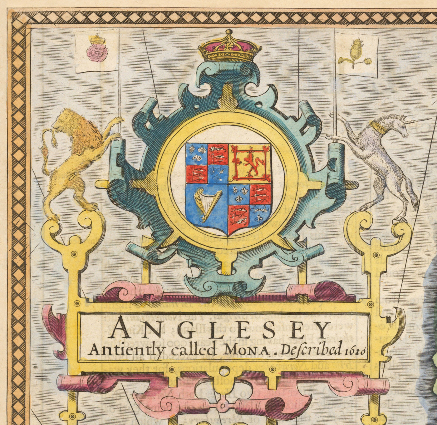 Alte Karte von Anglesey Wales, 1611 von John Speed - Holyhead, Llanfairpwllgwyngyll, Bangor 