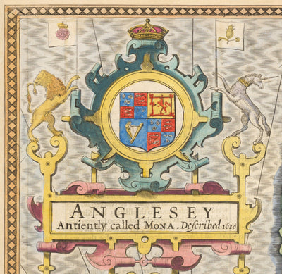Alte Karte von Anglesey Wales, 1611 von John Speed - Holyhead, Llanfairpwllgwyngyll, Bangor 
