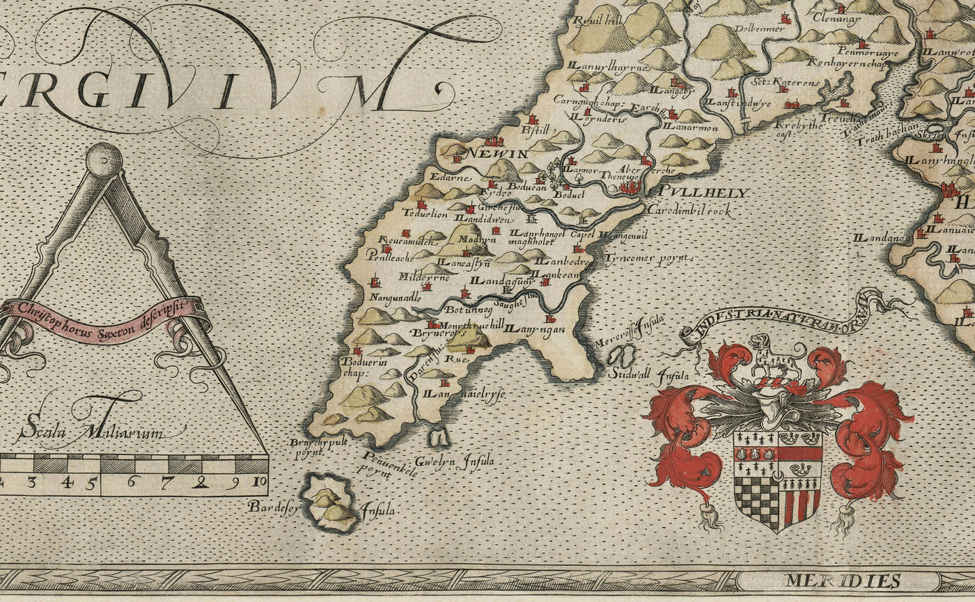 First Map of Anglesey & Gwynedd, 1577 - Old Map by Christopher Saxton - Bangor, Holyhead, Conwy, Caernarfon, Llandudno