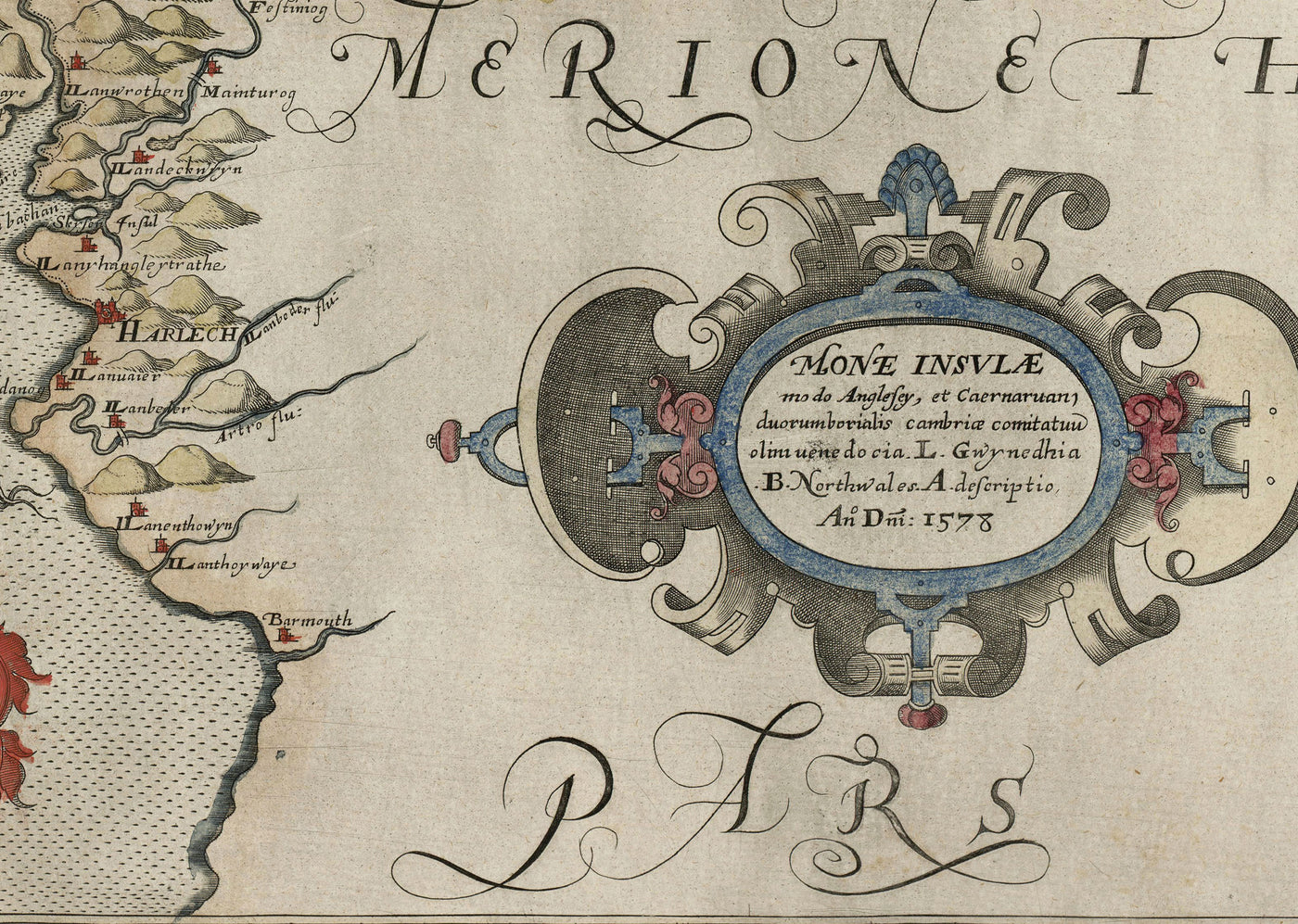 First Map of Anglesey & Gwynedd, 1577 - Old Map by Christopher Saxton - Bangor, Holyhead, Conwy, Caernarfon, Llandudno