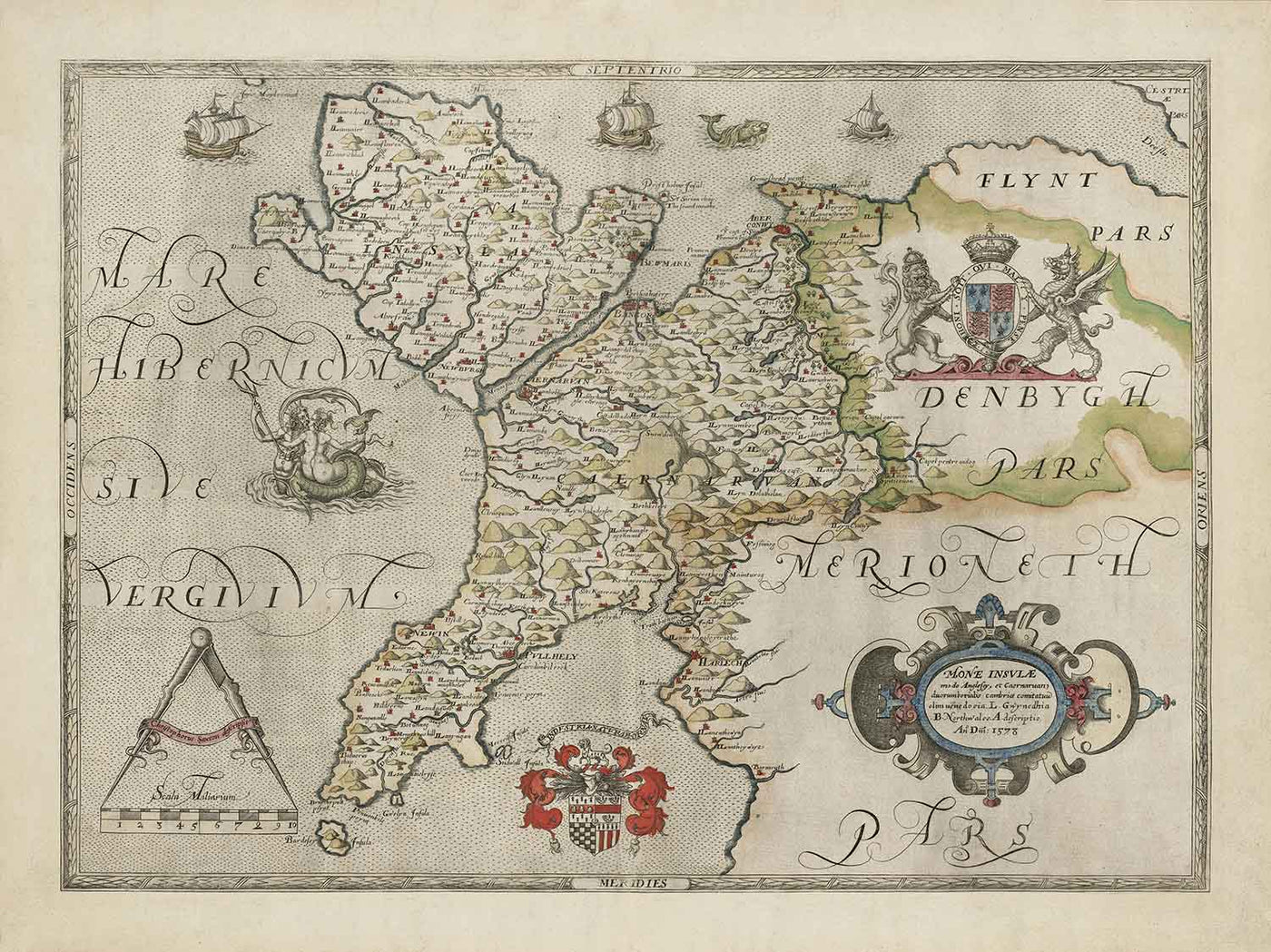 First Map of Anglesey & Gwynedd, 1577 - Old Map by Christopher Saxton - Bangor, Holyhead, Conwy, Caernarfon, Llandudno