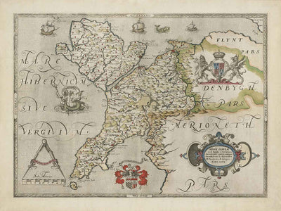 First Map of Anglesey & Gwynedd, 1577 - Old Map by Christopher Saxton - Bangor, Holyhead, Conwy, Caernarfon, Llandudno