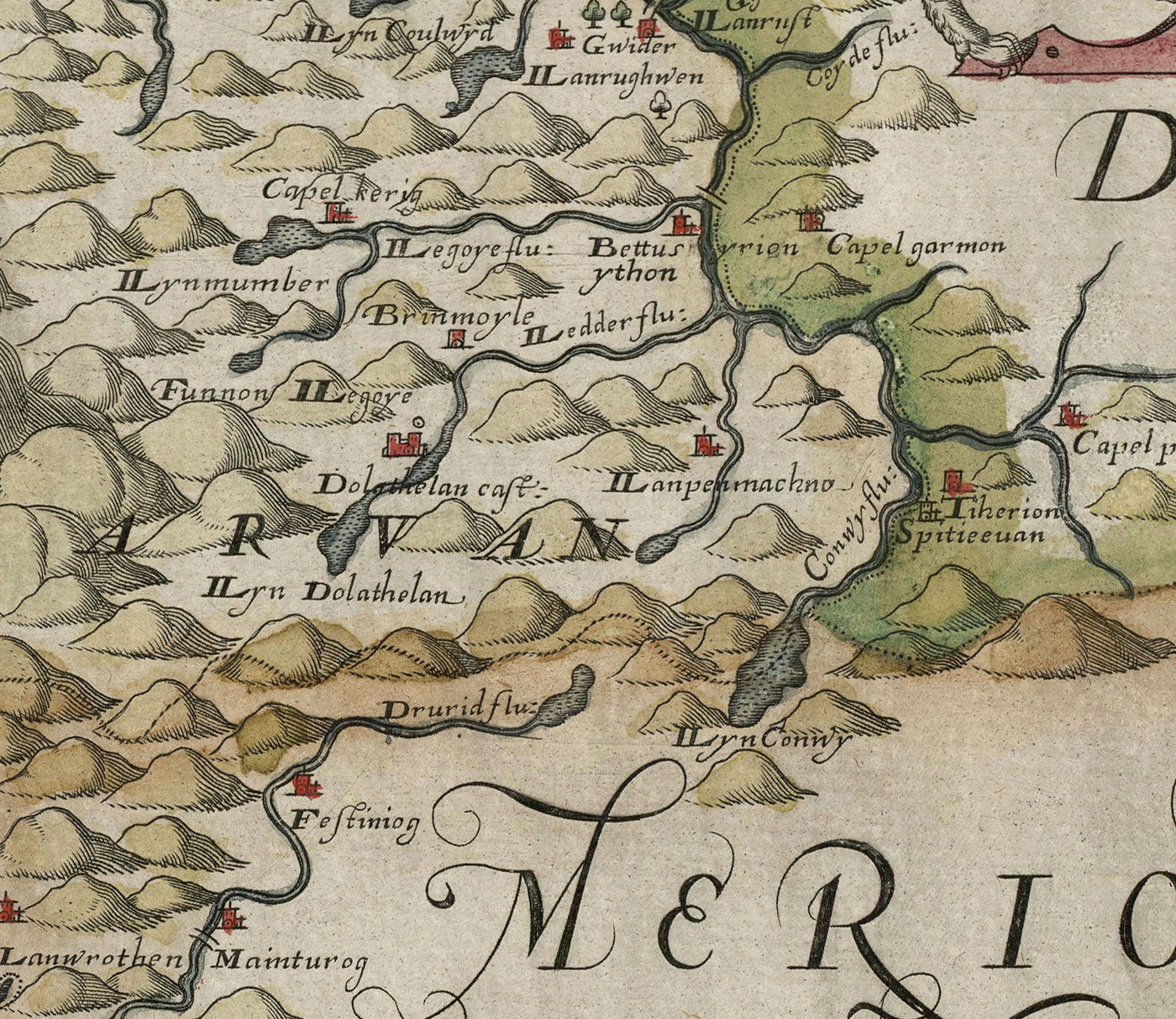 First Map of Anglesey & Gwynedd, 1577 - Old Map by Christopher Saxton - Bangor, Holyhead, Conwy, Caernarfon, Llandudno