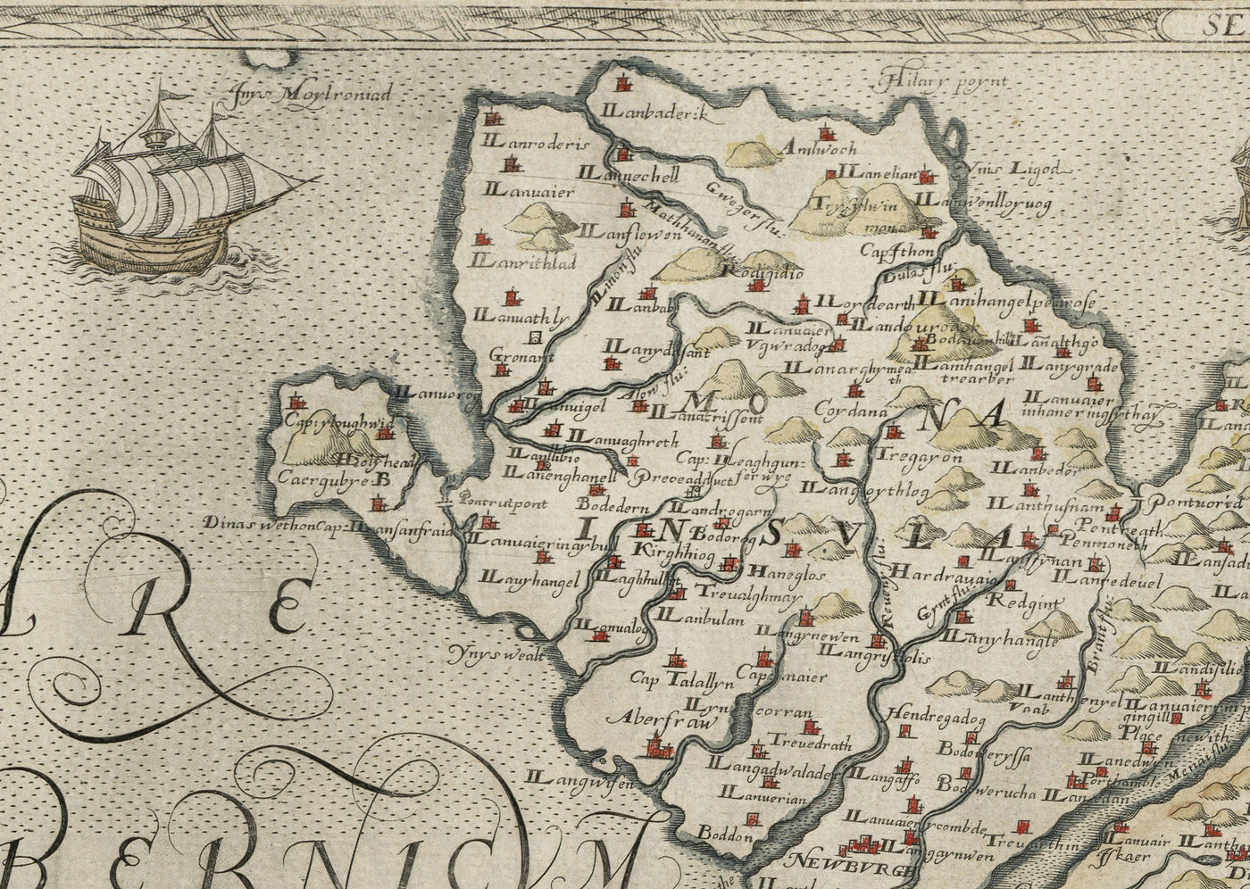 First Map of Anglesey & Gwynedd, 1577 - Old Map by Christopher Saxton - Bangor, Holyhead, Conwy, Caernarfon, Llandudno