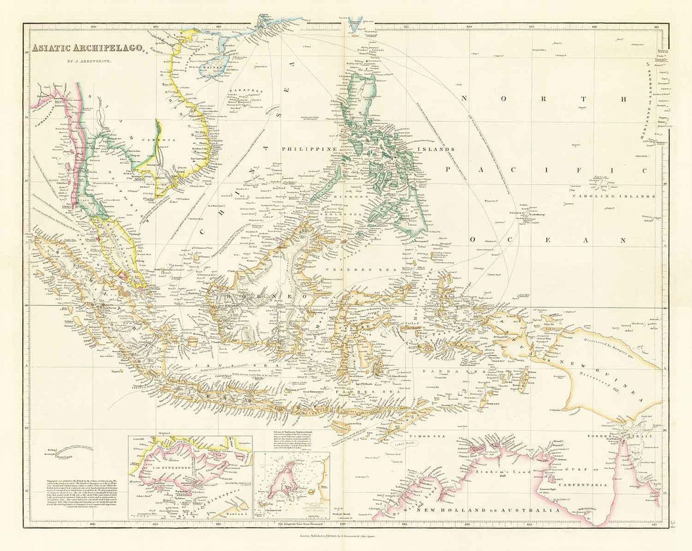Old Map of Malay Archipelago & East Indies by Arrowsmith, 1859 - Southeast Asia, Philippines, Islands, Straits, Singapore