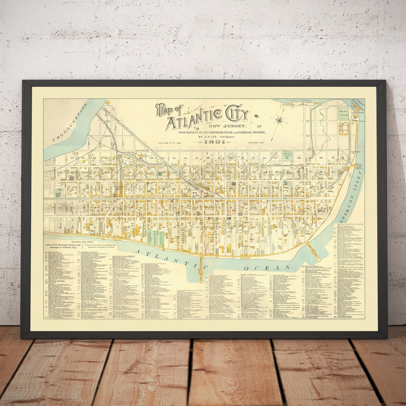 Old Map of Atlantic City, New Jersey, in 1891 by AY Lee - Boardwalk, Pacific, Baltic, Atlantic, Delaware Avenue