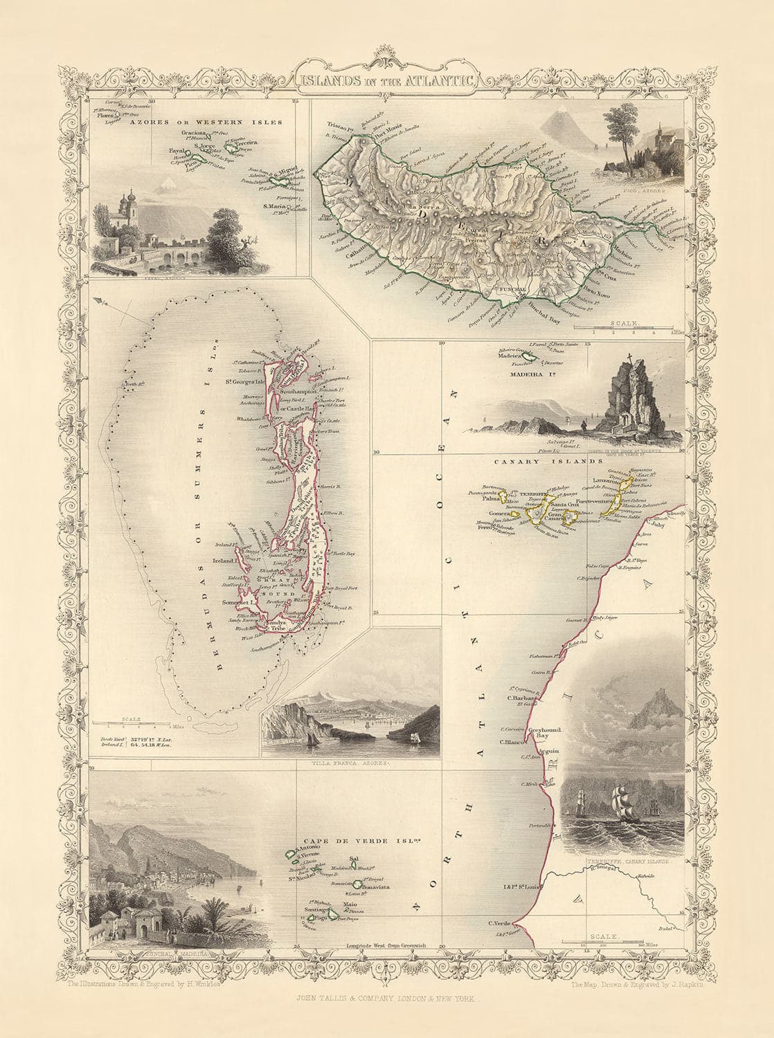 Antiguo mapa de las islas del Atlántico, 1851 por Tallis & Rapkin - Bermudas, Azores, Canarias, Tenerife, Madeira, Cabo Verde