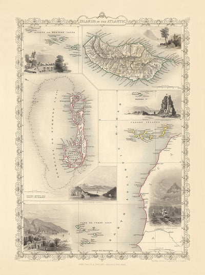 Antiguo mapa de las islas del Atlántico, 1851 por Tallis & Rapkin - Bermudas, Azores, Canarias, Tenerife, Madeira, Cabo Verde