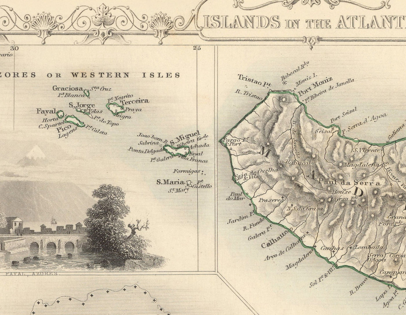 Antiguo mapa de las islas del Atlántico, 1851 por Tallis & Rapkin - Bermudas, Azores, Canarias, Tenerife, Madeira, Cabo Verde