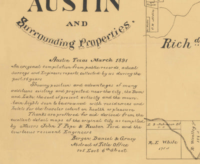 Mapa antiguo raro de Austin, Texas en 1891 - Plan de la ciudad muy temprano, Capitolio del estado, Ferrocarril, UT Austin, Dam Austin