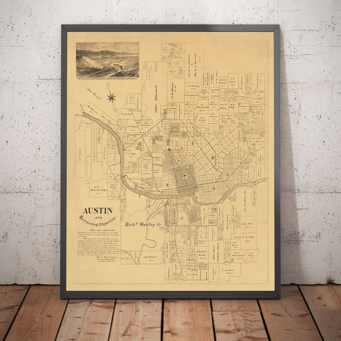 Mapa antiguo raro de Austin, Texas en 1891 - Plan de la ciudad muy temprano, Capitolio del estado, Ferrocarril, UT Austin, Dam Austin