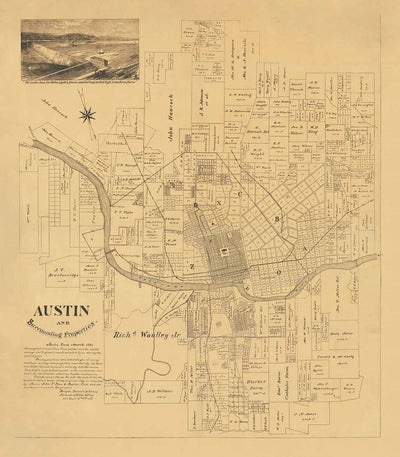 Mapa antiguo raro de Austin, Texas en 1891 - Plan de la ciudad muy temprano, Capitolio del estado, Ferrocarril, UT Austin, Dam Austin