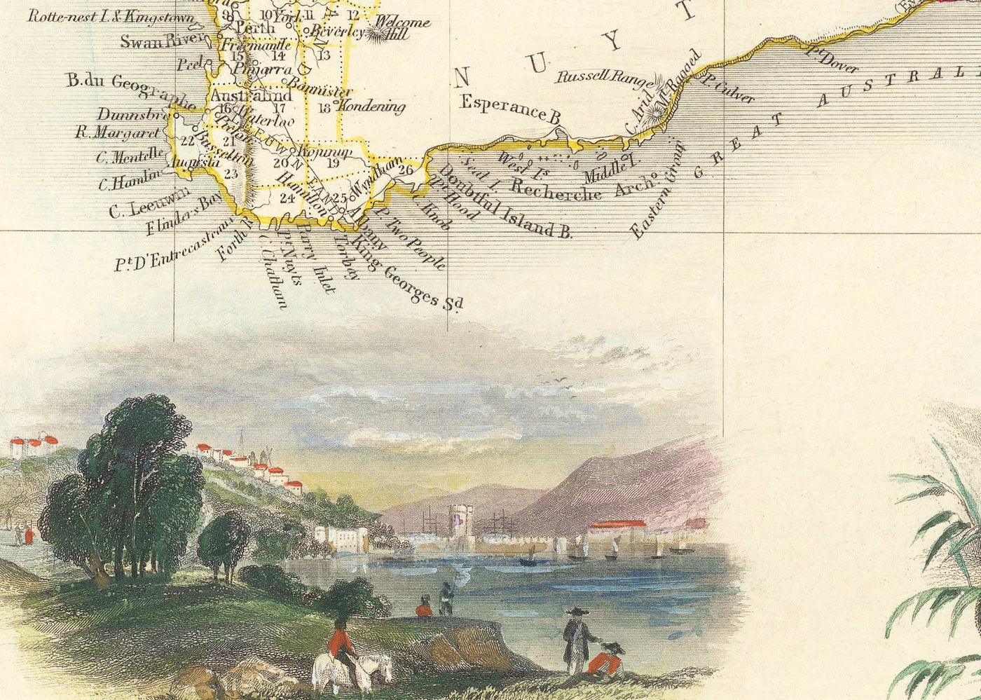 Ancienne carte d'Australie et de Tasmanie, 1851, par Tallis & Rapkin - Sydney, Melbourne, Perth