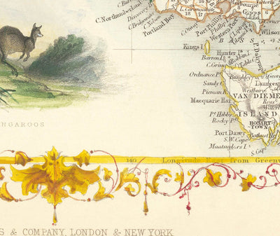 Ancienne carte d'Australie et de Tasmanie, 1851, par Tallis & Rapkin - Sydney, Melbourne, Perth