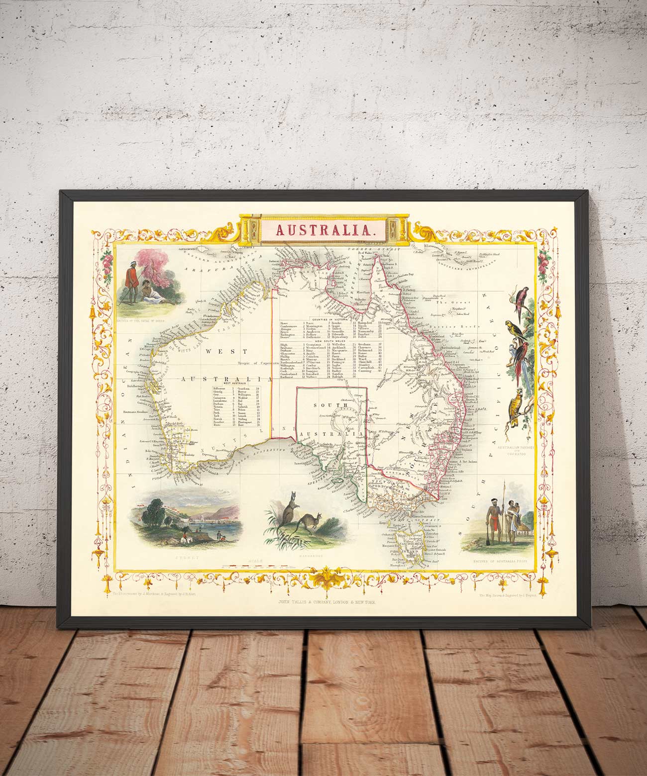 Ancienne carte d'Australie et de Tasmanie, 1851, par Tallis & Rapkin - Sydney, Melbourne, Perth