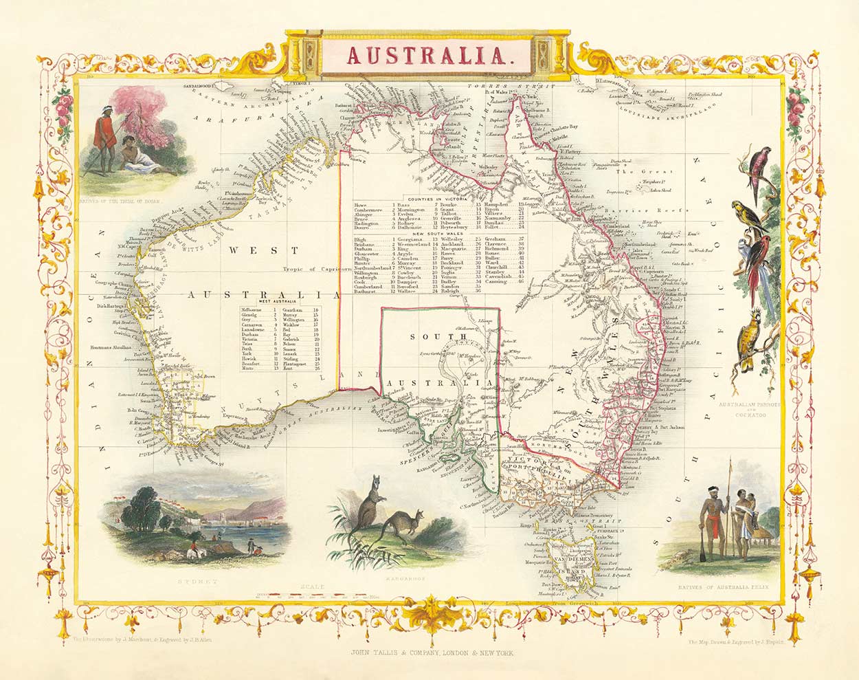Ancienne carte d'Australie et de Tasmanie, 1851, par Tallis & Rapkin - Sydney, Melbourne, Perth