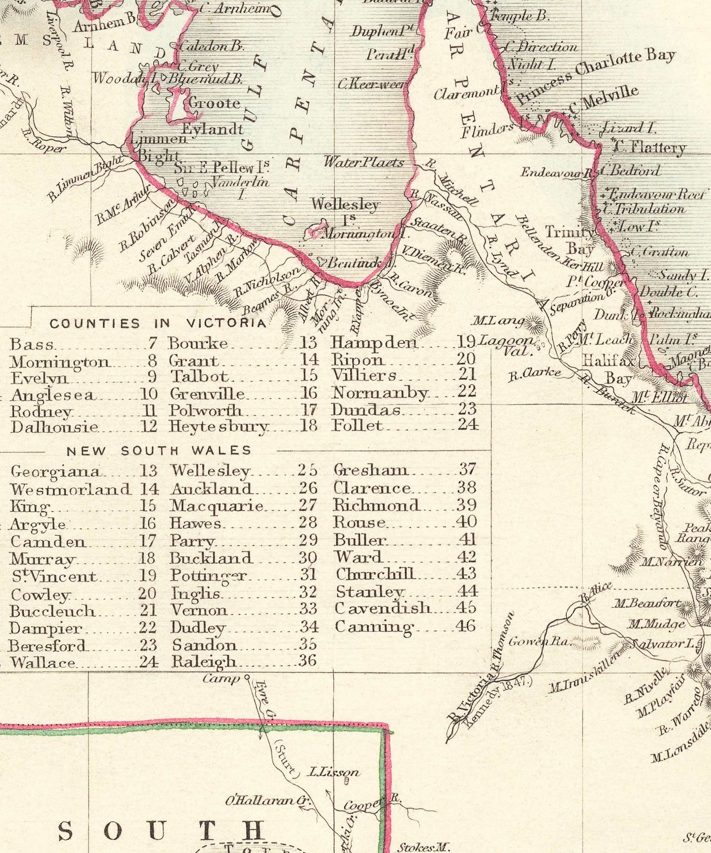 Ancienne carte d'Australie et de Tasmanie, 1851, par Tallis & Rapkin - Sydney, Melbourne, Perth