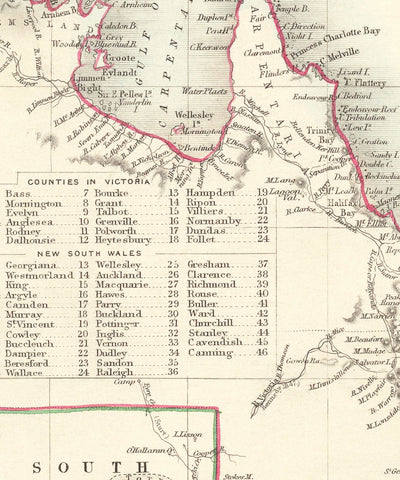 Ancienne carte d'Australie et de Tasmanie, 1851, par Tallis & Rapkin - Sydney, Melbourne, Perth