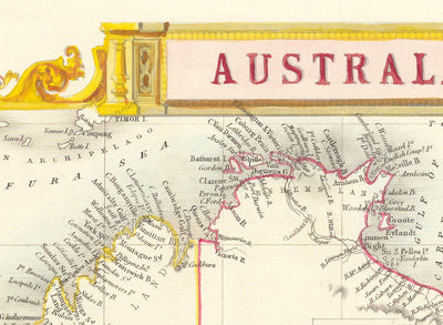 Ancienne carte d'Australie et de Tasmanie, 1851, par Tallis & Rapkin - Sydney, Melbourne, Perth