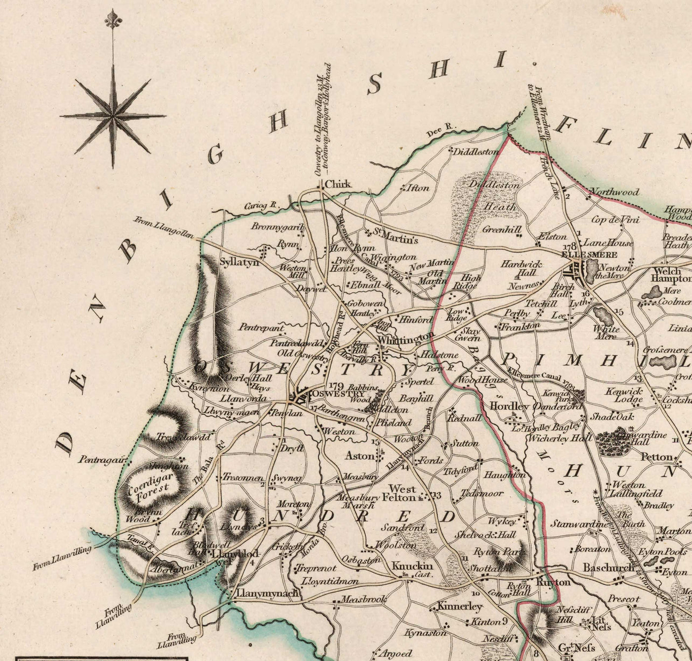 Alte Karte von Shropshire im Jahr 1805 von John Cary - Shrewsbury, Bridgnorth, Ludlow, Ironbridge, Oswestry 