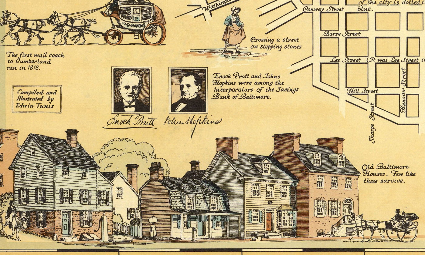 Old Historical Map of Baltimore in 1954 by Edward Tunis - Downtown, Johnstown, Little Italy, Otterbein, Port of Baltimore