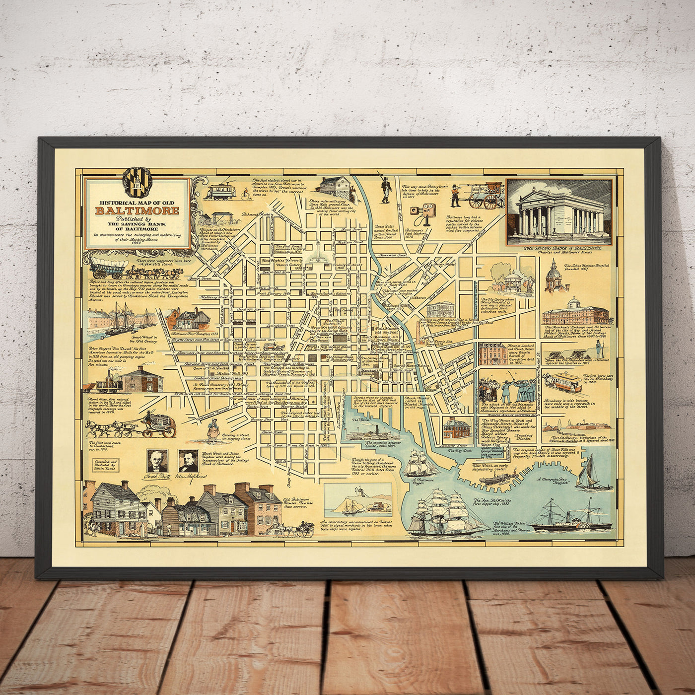 Old Historical Map of Baltimore in 1954 by Edward Tunis - Downtown, Johnstown, Little Italy, Otterbein, Port of Baltimore