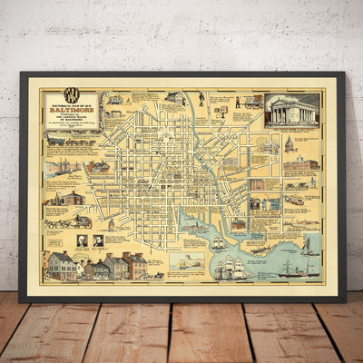 Old Historical Map of Baltimore in 1954 by Edward Tunis - Downtown, Johnstown, Little Italy, Otterbein, Port of Baltimore