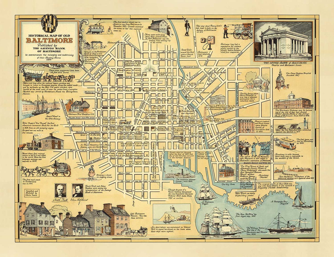 Old Historical Map of Baltimore in 1954 by Edward Tunis - Downtown, Johnstown, Little Italy, Otterbein, Port of Baltimore