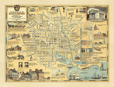 Old Historical Map of Baltimore in 1954 by Edward Tunis - Downtown, Johnstown, Little Italy, Otterbein, Port of Baltimore