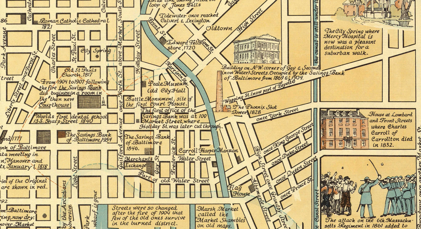 Old Historical Map of Baltimore in 1954 by Edward Tunis - Downtown, Johnstown, Little Italy, Otterbein, Port of Baltimore