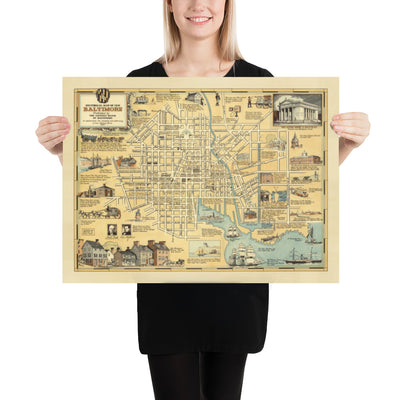 Old Historical Map of Baltimore in 1954 by Edward Tunis - Downtown, Johnstown, Little Italy, Otterbein, Port of Baltimore