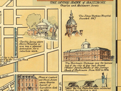Old Historical Map of Baltimore in 1954 by Edward Tunis - Downtown, Johnstown, Little Italy, Otterbein, Port of Baltimore