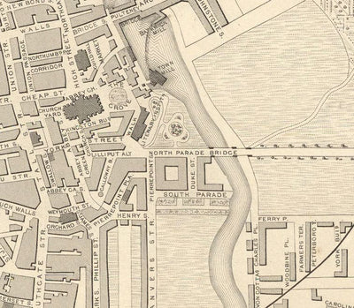 Ancienne carte de Bath par John Rapkin, 1851 - Circus, Royal Crescent, Abbaye, Bains romains