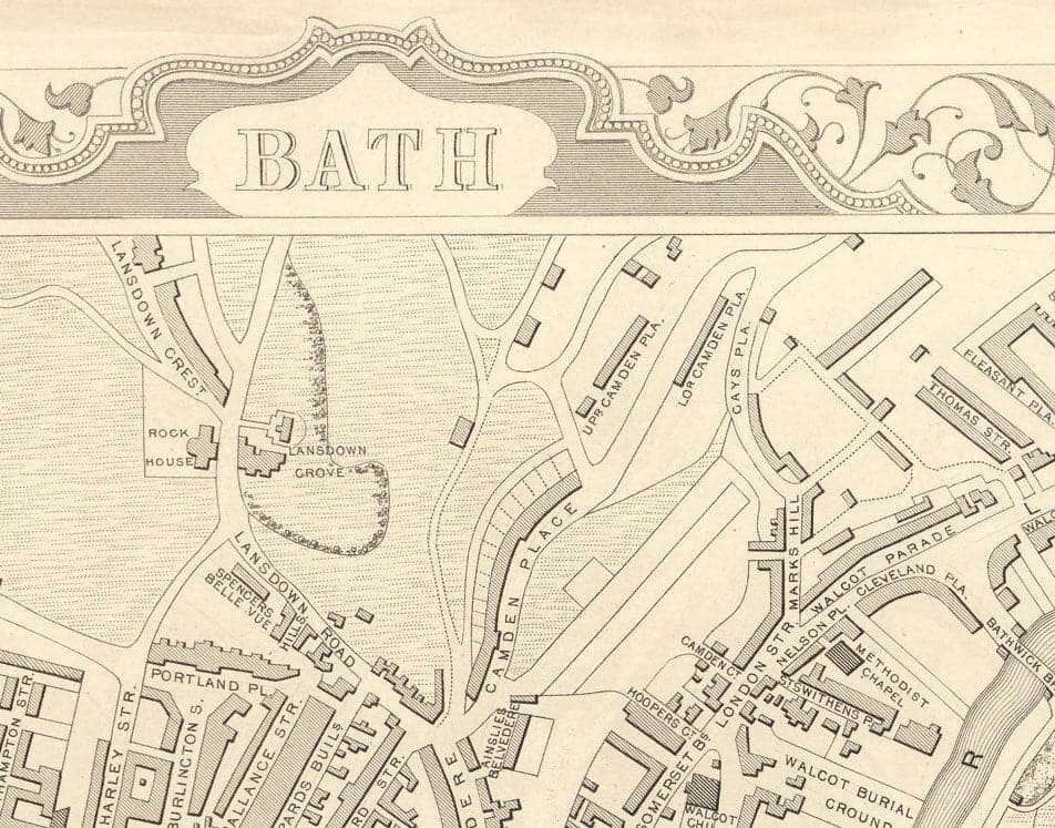 Ancienne carte de Bath par John Rapkin, 1851 - Circus, Royal Crescent, Abbaye, Bains romains