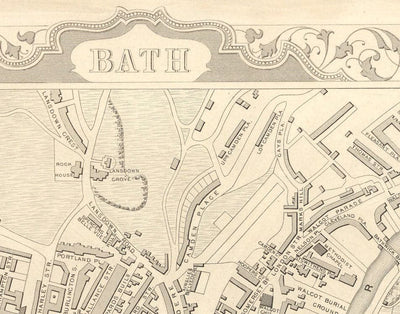 Ancienne carte de Bath par John Rapkin, 1851 - Circus, Royal Crescent, Abbaye, Bains romains