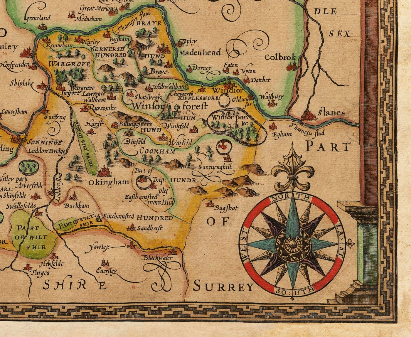 Old Map of Berkshire, 1611, John Speed - Reading, Slough, Bracknell, Maidenhead