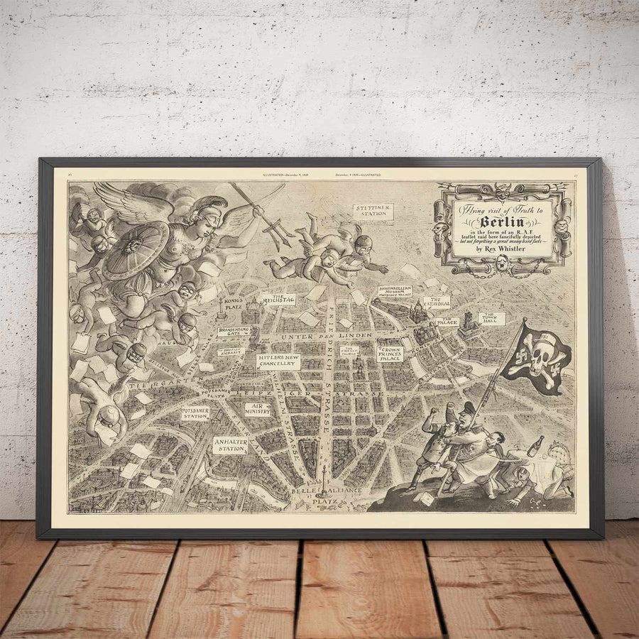 Old Map of Berlin, 1939 by Rex Whistler - Satirical World War 2 Propaganda - Hitler, Goebbels, Cherubs, Goddess Britannia